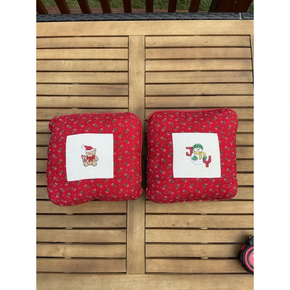 Hand Made Cross Stitch Christmas Pillows Set Of 2 Bear Snowman Holiday Decor Vtg